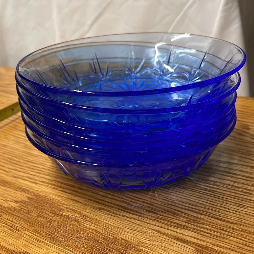 6 Blue Glass Bowls  with Sunburst Pattern for Dining